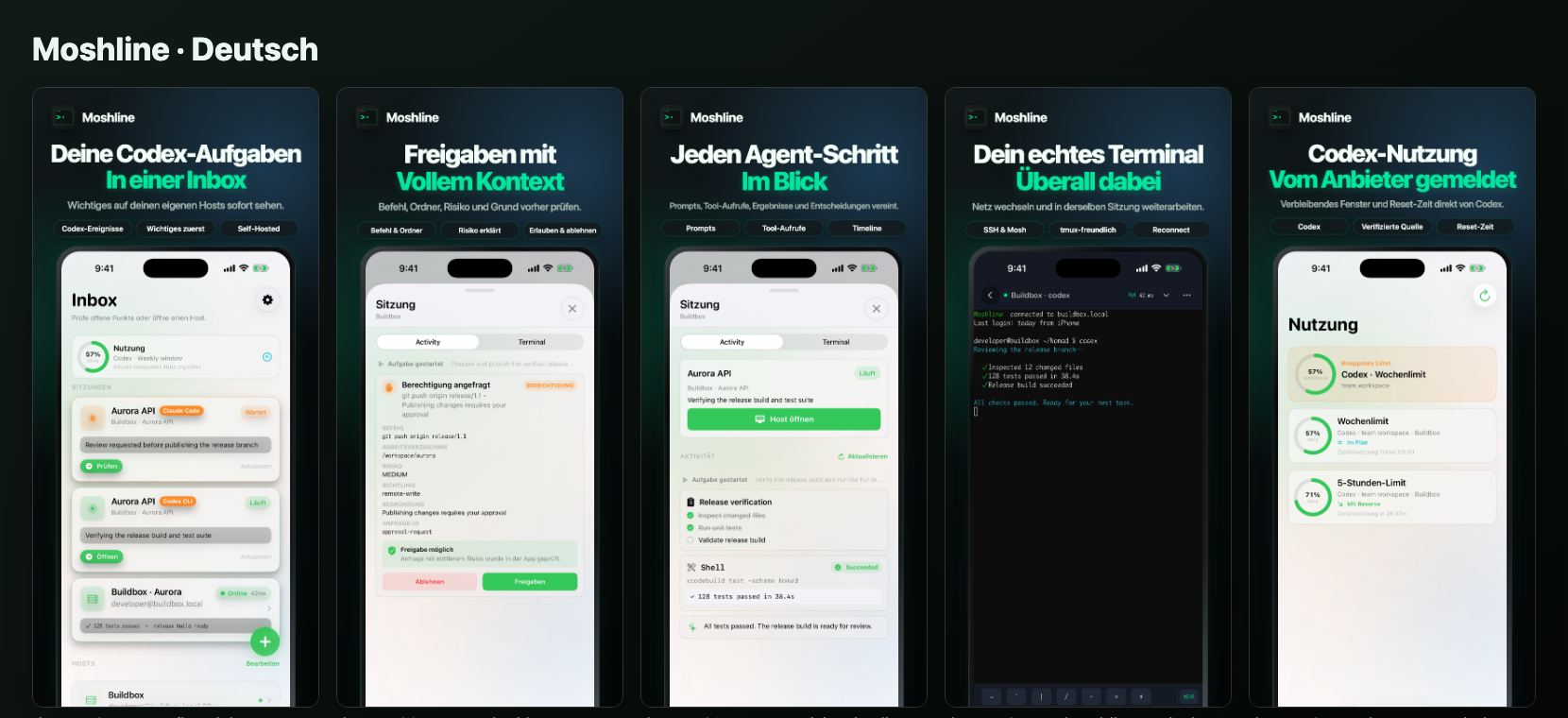 Fünf Moshline-Ansichten mit Fleet-Posteingang, kontextbezogener Freigabe, Agent-Aktivität, SSH/Mosh-Terminal und Codex-Verbrauch.