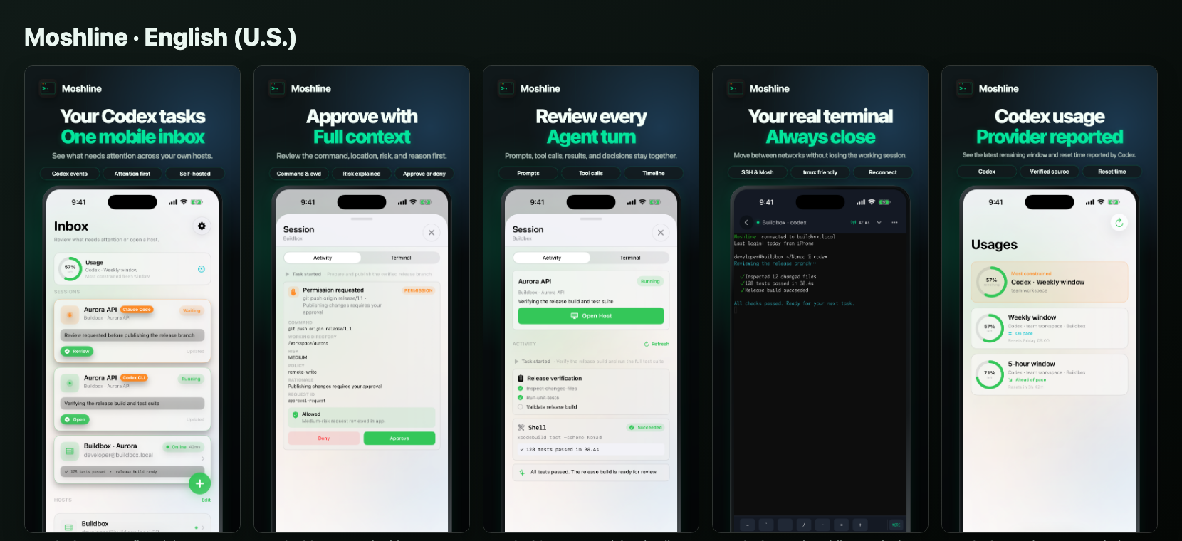 Five Moshline screens showing the fleet inbox, contextual approval, agent activity, SSH and Mosh terminal, and Codex usage.