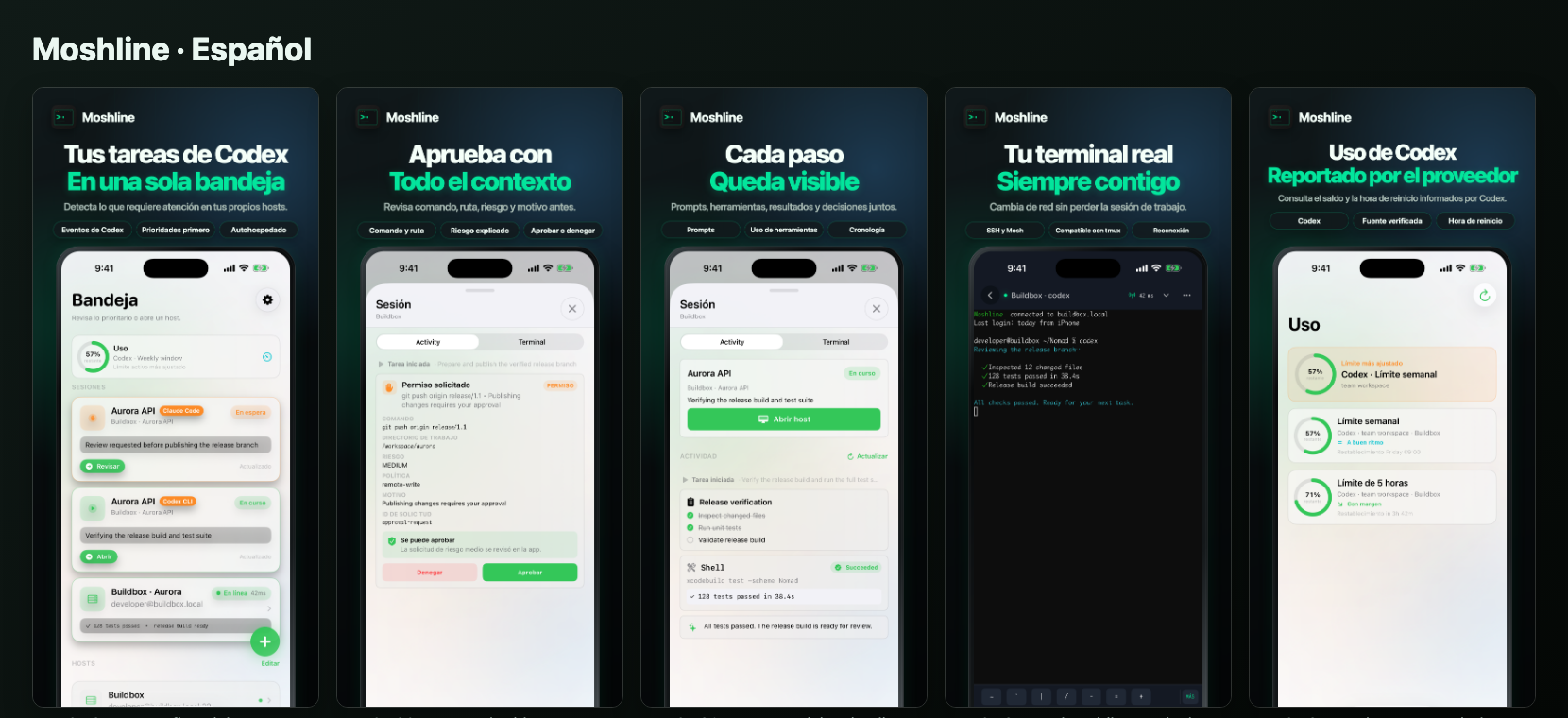Cinco pantallas de Moshline con la bandeja de entrada, una aprobación con contexto, actividad del agente, terminal SSH/Mosh y uso de Codex.