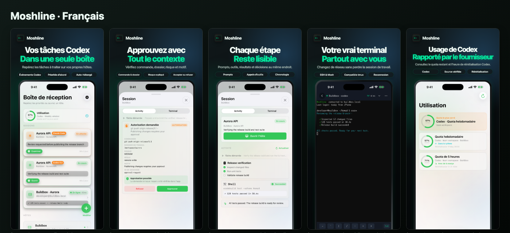 Cinq écrans Moshline montrant la boîte de réception, une validation contextualisée, l’activité de l’agent, le terminal SSH/Mosh et l’usage Codex.