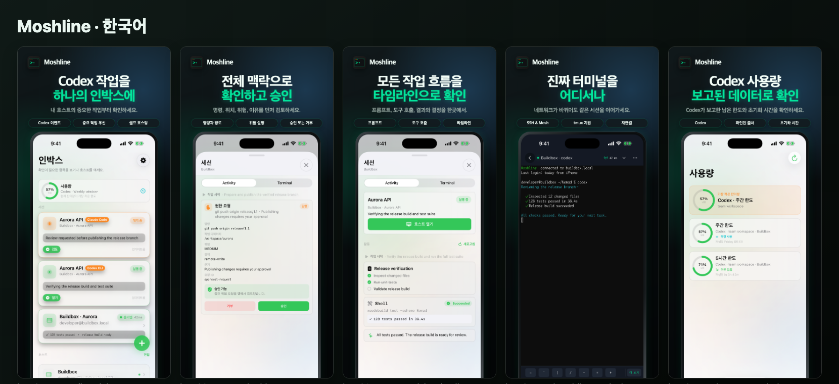 플릿 받은편지함, 맥락 있는 승인, 에이전트 활동, SSH/Mosh 터미널, Codex 사용량을 보여 주는 Moshline 화면 다섯 장.